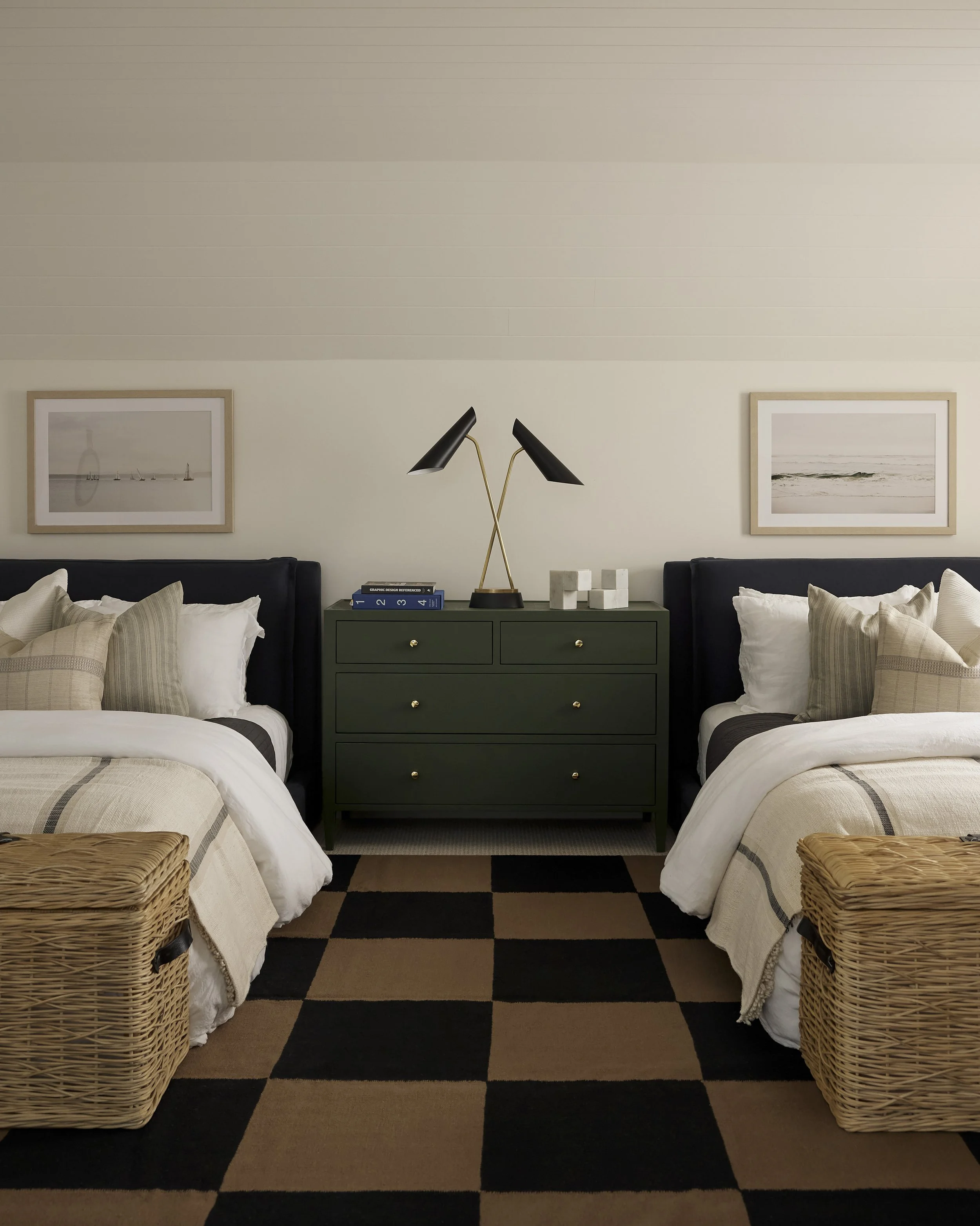 Kids bedroom with playful painted green dresser and checkered rug