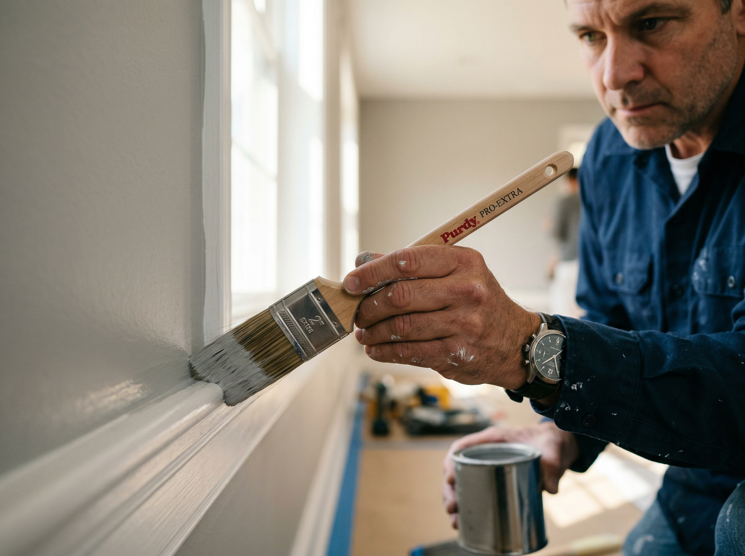 Close-up of expert painter precision work on trim