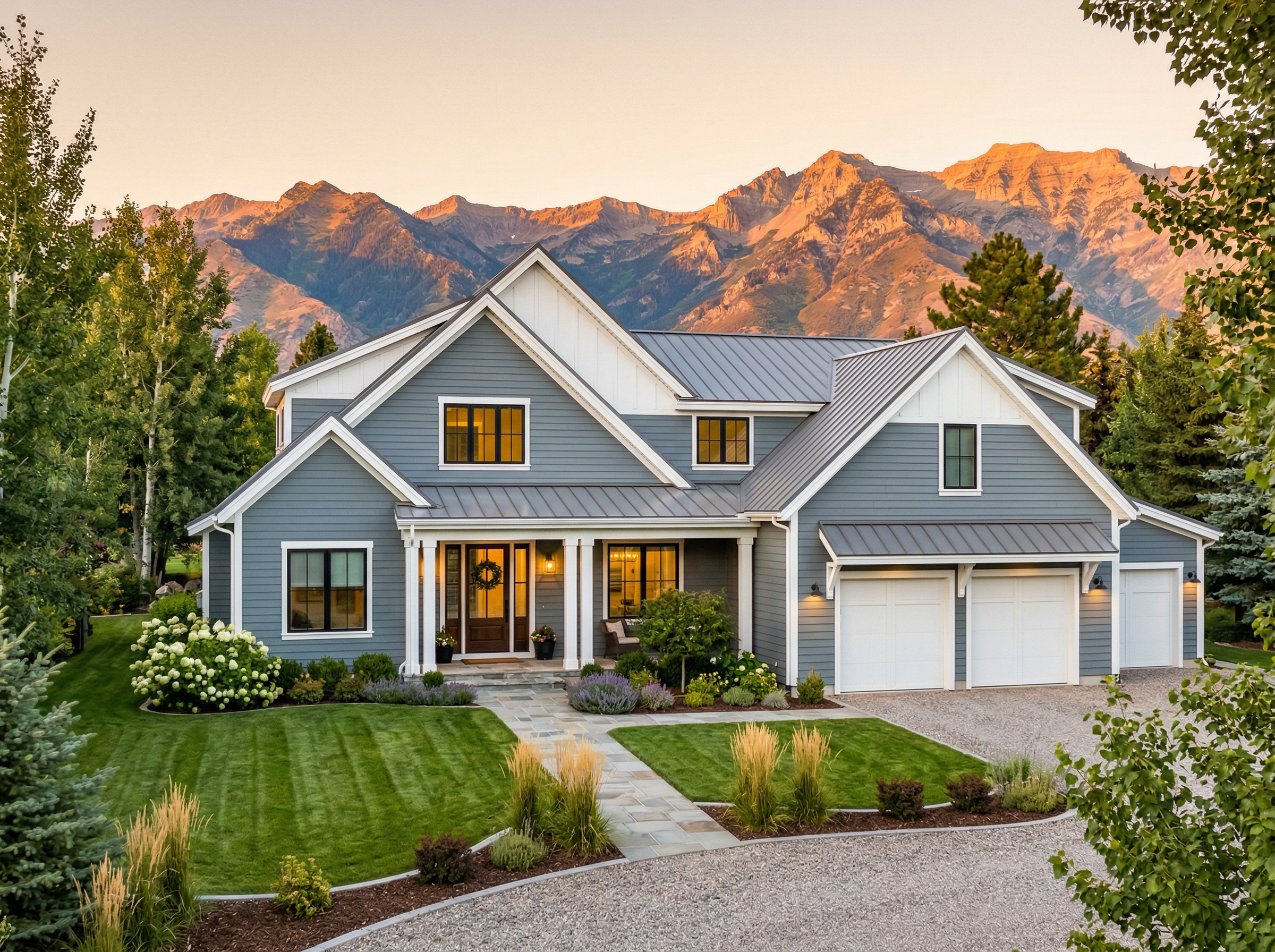 Modern farmhouse with freshly painted gray-blue exterior and mountain backdrop
