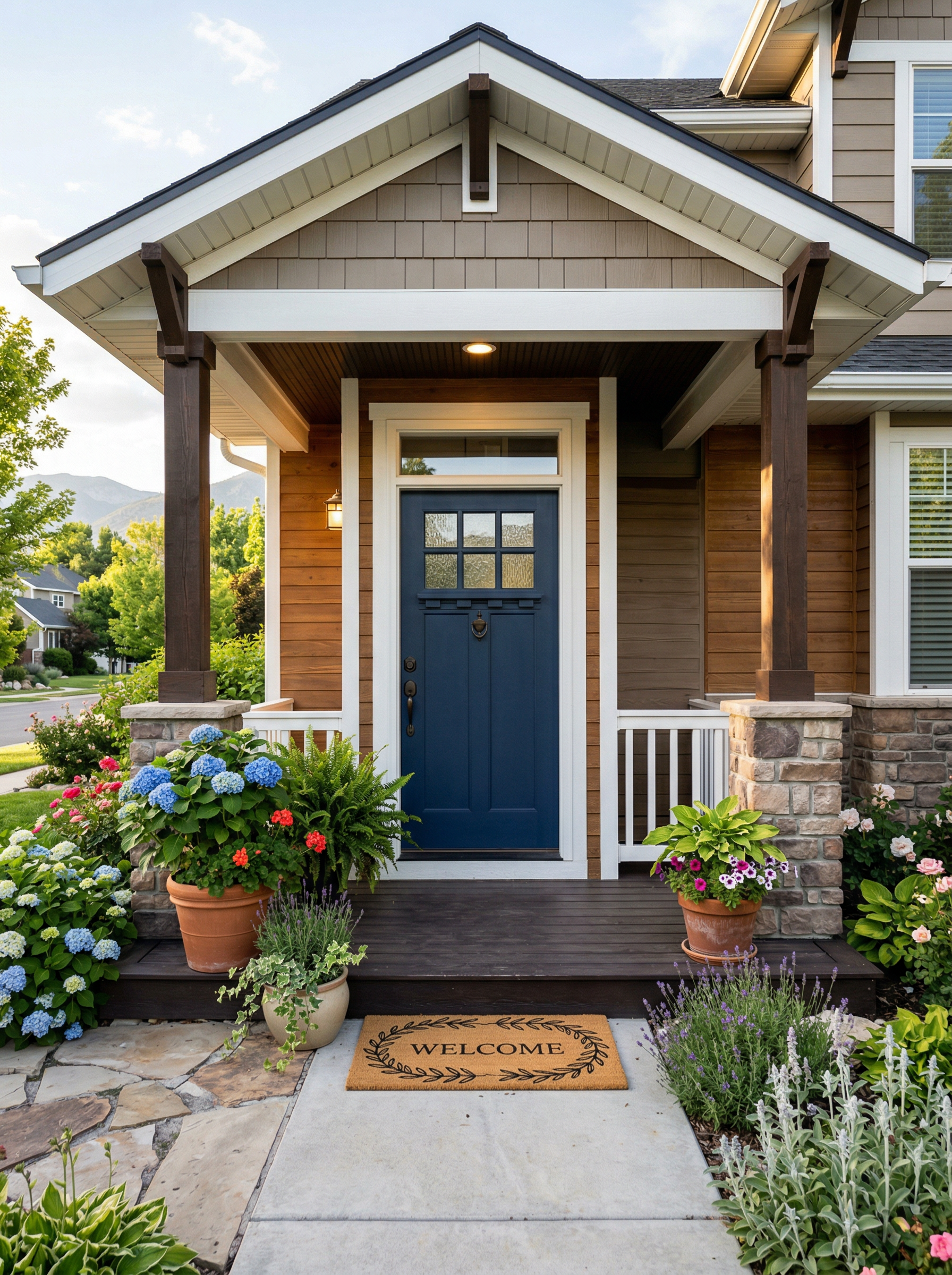 Beautifully painted navy blue front door with white trim