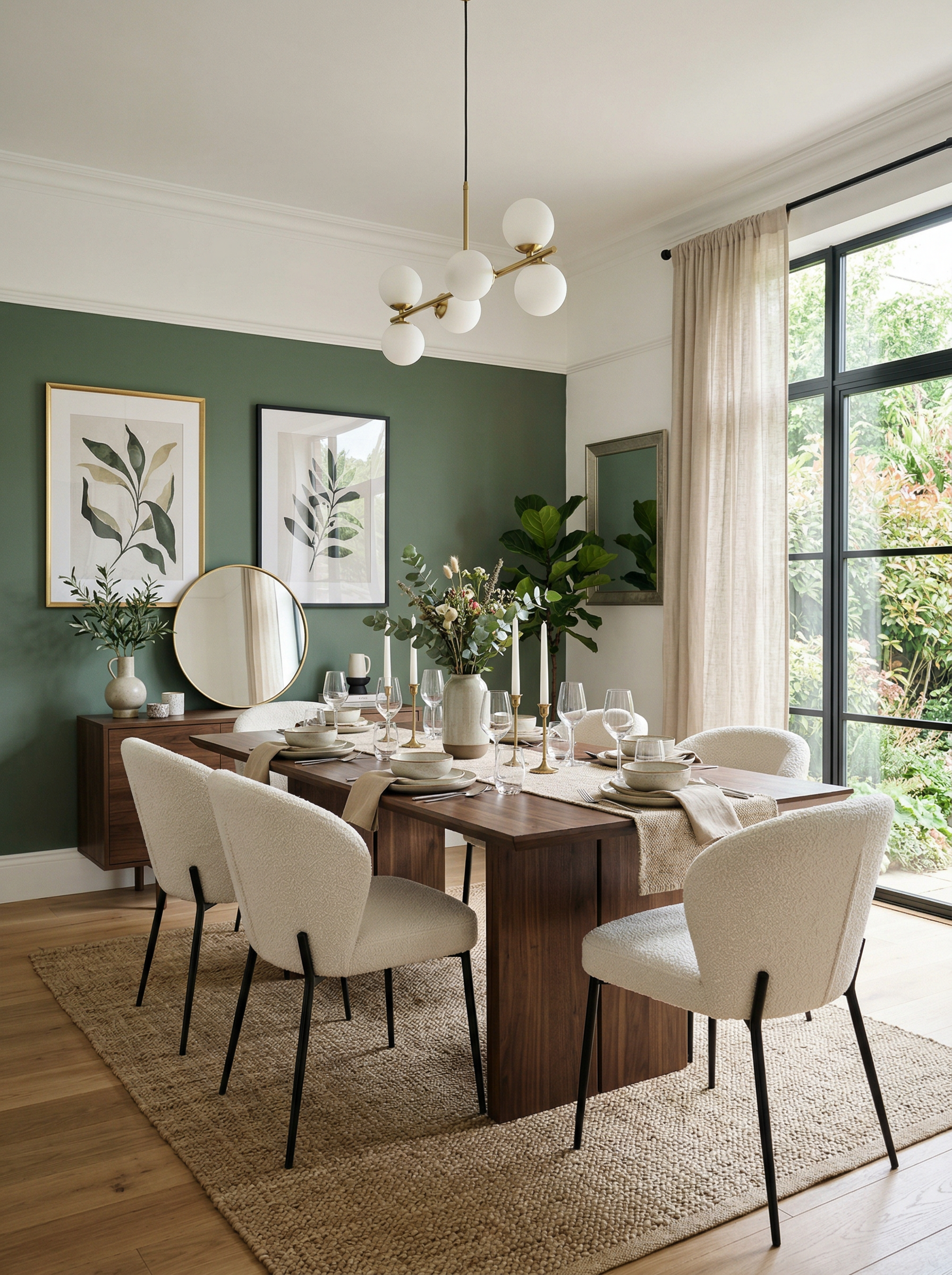Elegant dining room with sage green accent wall
