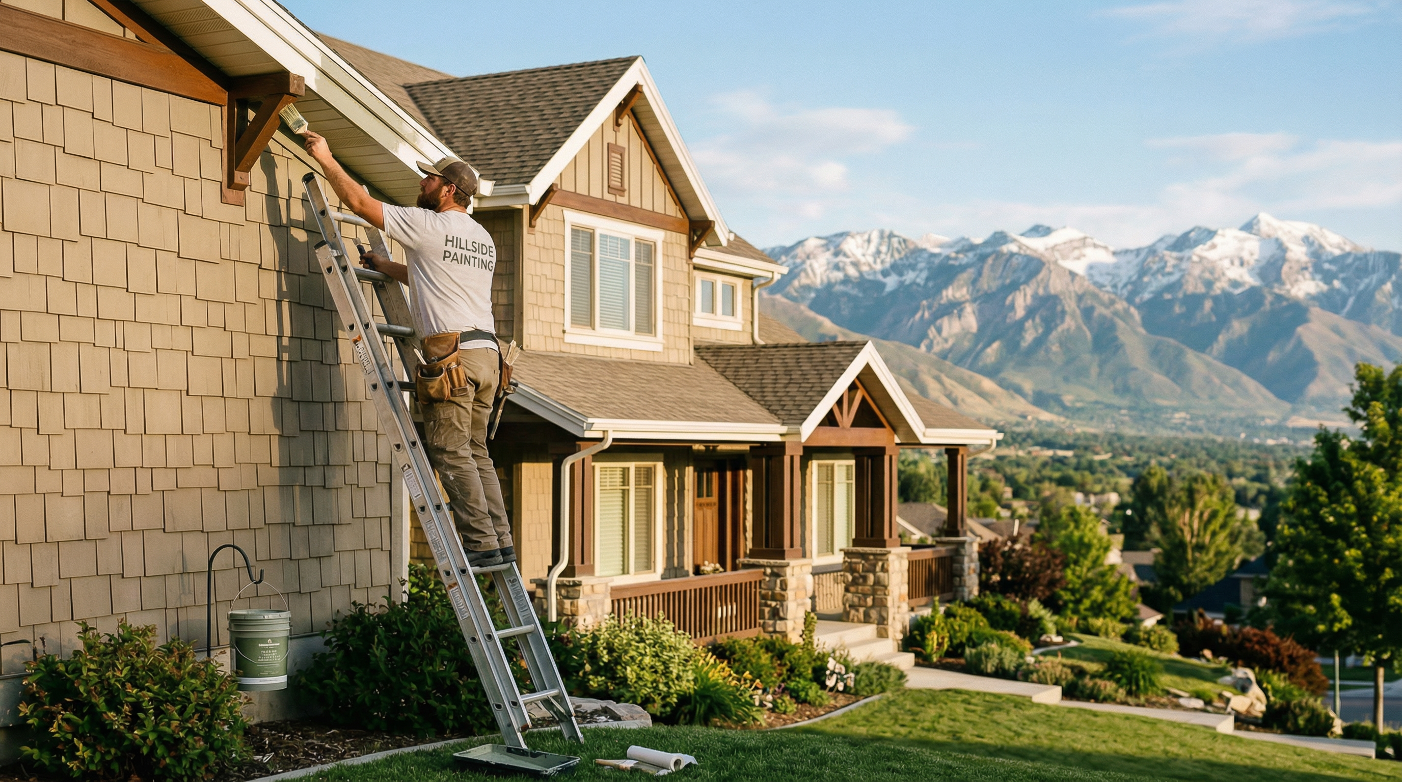 Professional painter working on a home exterior with Utah mountains in the background