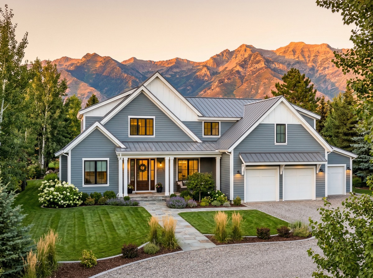 Modern farmhouse with a freshly painted exterior and mountain backdrop