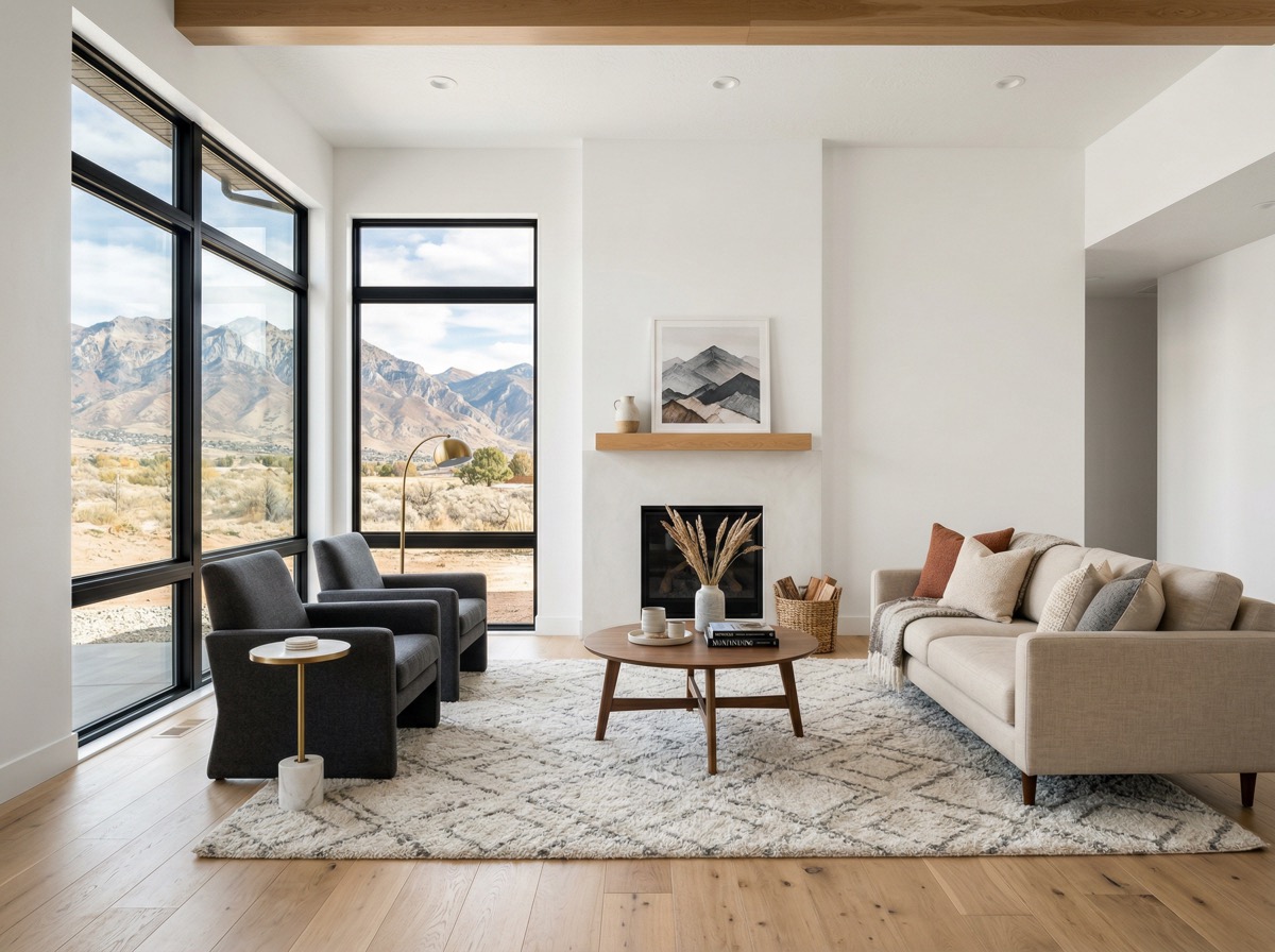 Illustration of a freshly painted Utah living room with mountain views