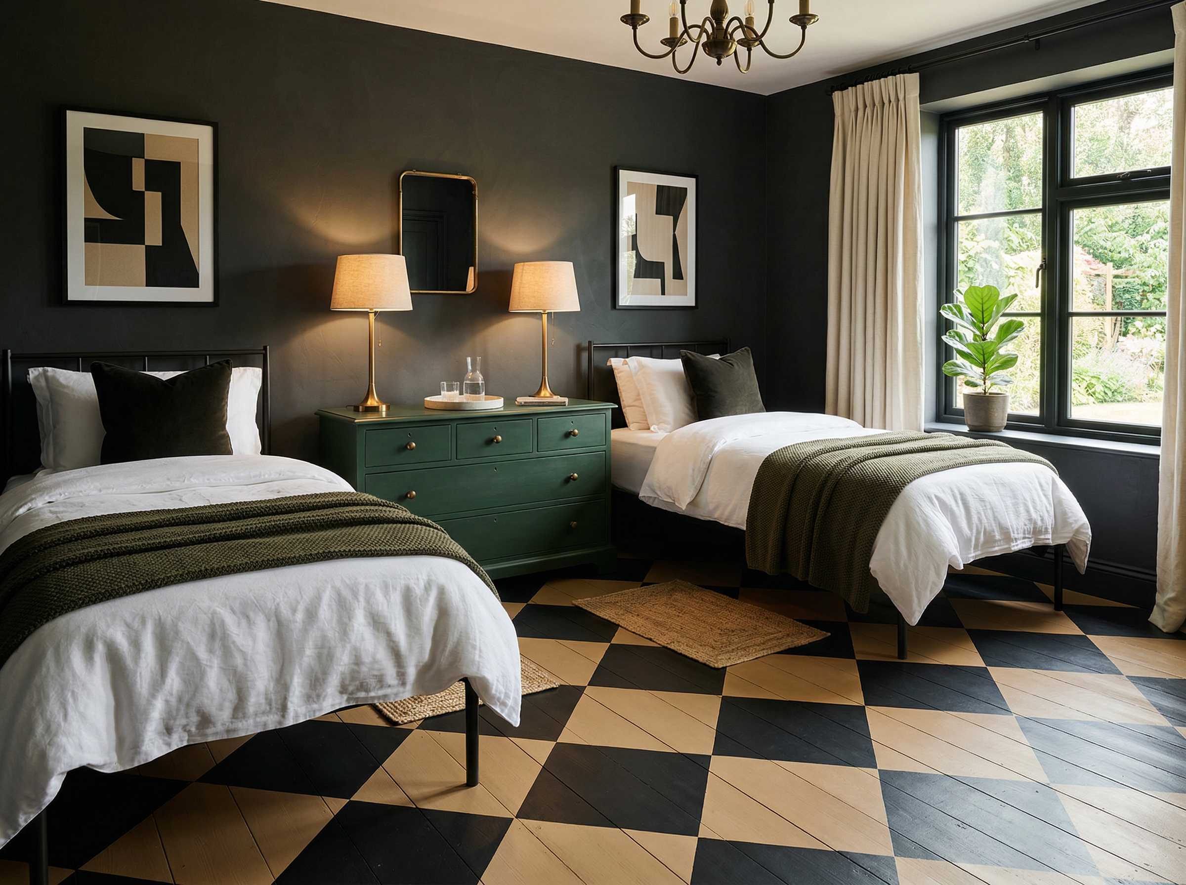 Bedroom with dramatic black and tan harlequin checkered painted floor showcasing specialty finishes