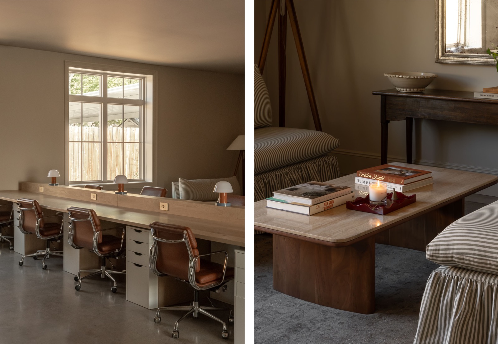 Open desk and break area with painted walls and trim